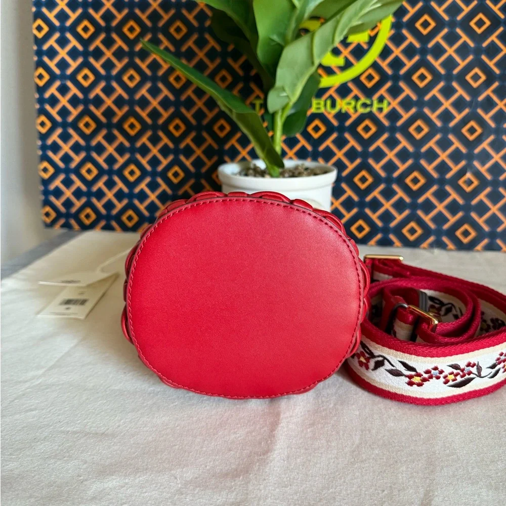 NWT Emerson Warm Red Woven mini Bucket Bag with Embroidered Strap